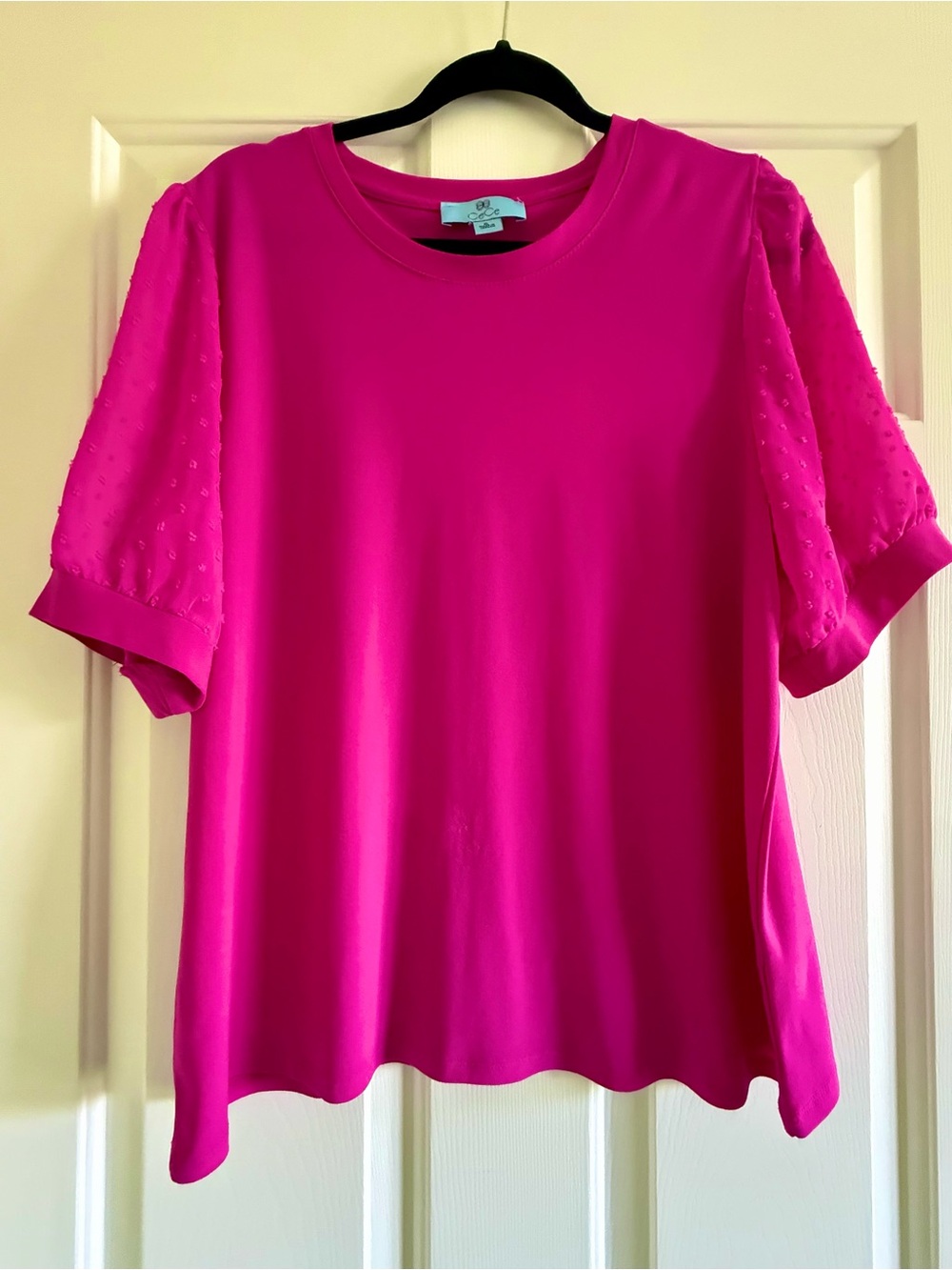 CeCe Fuchsia Short Sleeve Tee with Textured Puff Sleeves